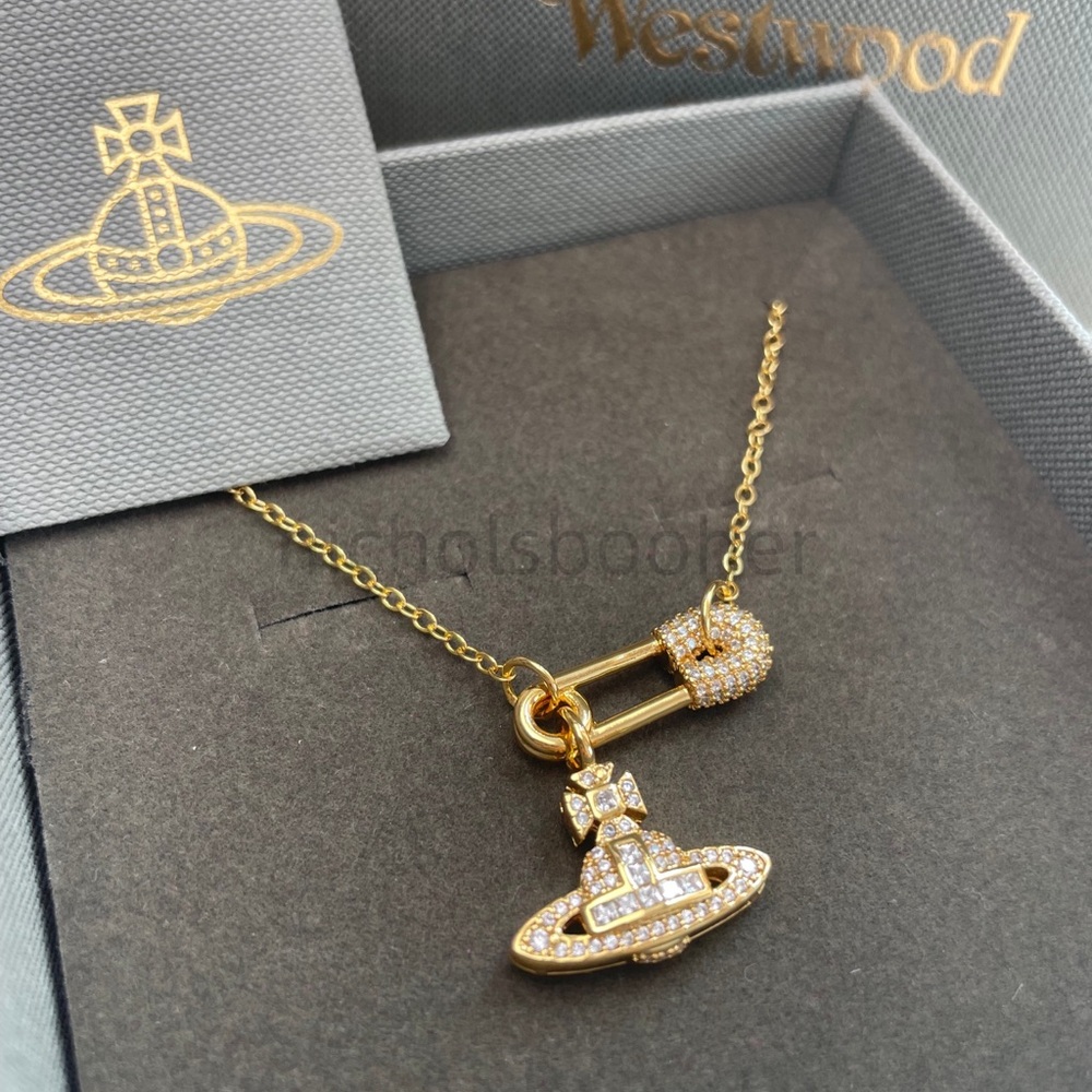 Vivienne Westwood Gold-tone Pave Orb and Safety Pin Pendant Necklace